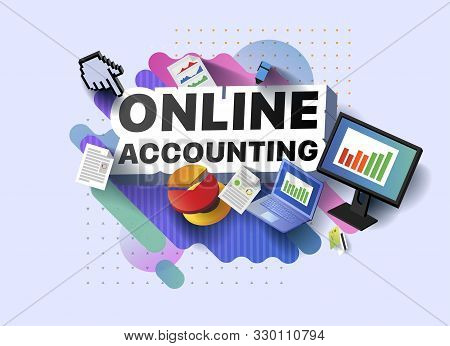 Modern Banner Of Online Accounting. Vector Illustration Of A Business Poster With Different 3d Isome