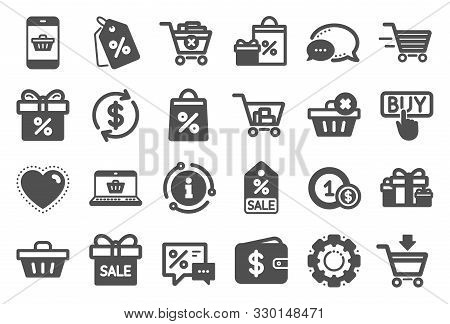 Shopping Wallet Icons. Gift, Present And Sale Offer Signs. Shopping Cart, Delivery Gift And Tags Sym