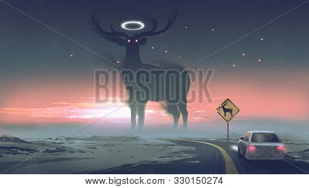 A Legendary Creature Concept Showing A Car Running Into Animal Zone, The Giant Deer With Glowing Hal