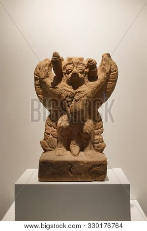 Prachin Buri, Thailand - August 26, 2019: Vajarapani Bodhisattva Riding On Garuda Lopburi Art Ancien