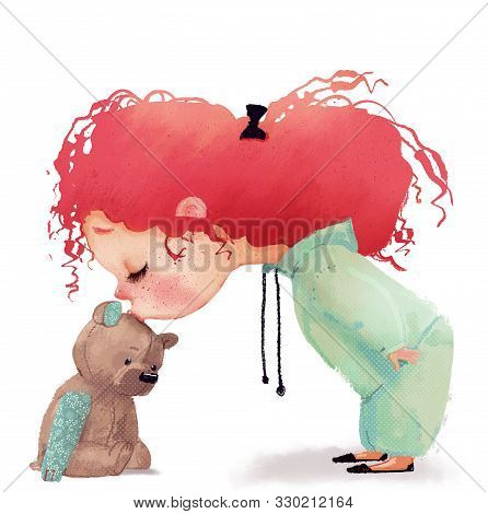 Baby Girl With Red Curled Hairs Kiss Her Teddy Bear