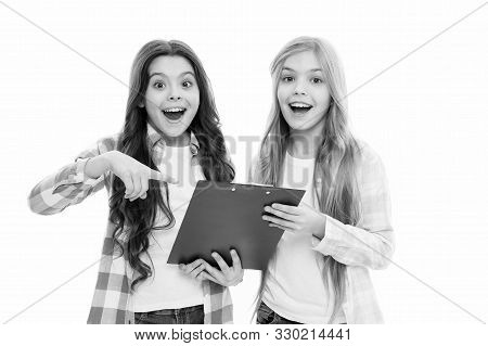This Stylish Clip Board Keeps Our Documents Handy. Happy Little Girls Holding Writing Board. Small C