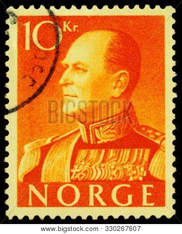 Moscow, Russia - October 26, 2019: Stamp Printed In Norway Shows Norwegian King Olav V (1903-1991), 