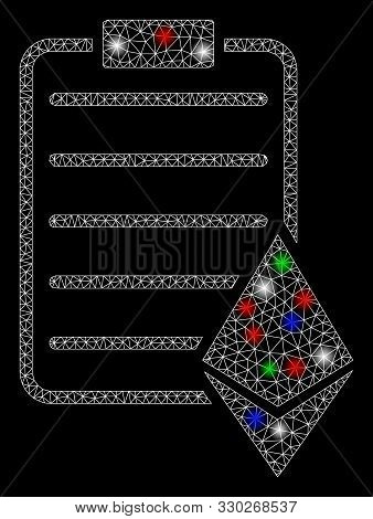 Bright Mesh Ethereum Contract With Glare Effect. White Wire Frame Triangular Network In Vector Forma