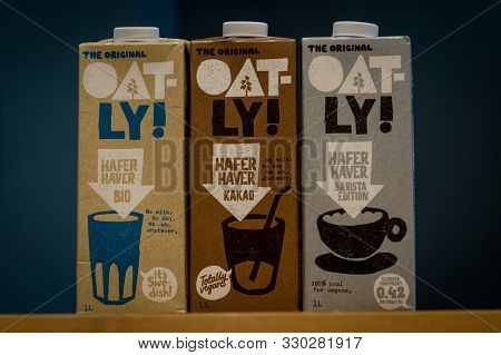 Antwerp, Belgium, October 2019 - Illustrative Editorial: Three Packs Of Oatly Plant-based And Vegan 