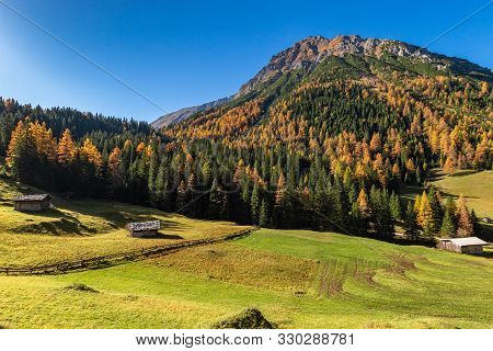 Idyllic Autumn Mountain Landscape. Travel Concept. Hiking In Austrian Alps, Tyrol, Stubai Alps.