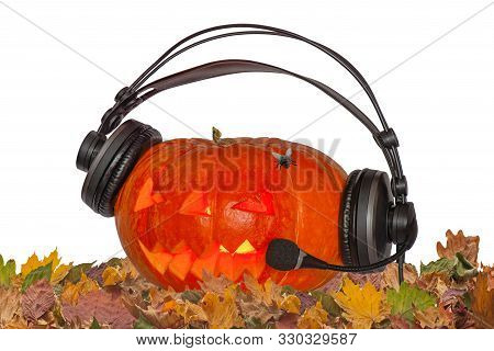 Orange Pumpkin For Halloween Day With Different Characters Like Skeleton Centipede Spider Web Bats C