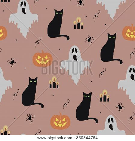 Halloween Seamless Pattern.  Cat, Pumpkin, Ghost, Candles, On A Dirty Pink Background.  For Printing