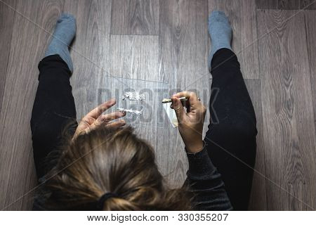 Young Woman Snorting Drugs, Cocaine Or Speed Or Other Drugs Abuse, Addiction And Depression