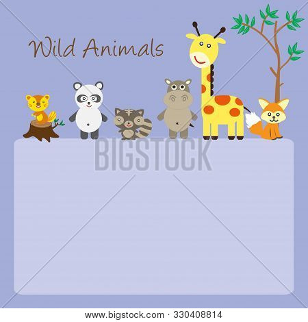 Cute Wild Animal Like Giraffe, Deer, Fox, Panda And Hippo With Frame And Copy Space  For Text