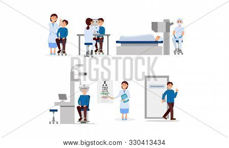 Man Character Visiting Opthalmologist For General Examination Vector Illustrations Set