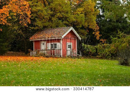 Loviisa, Finland - 7 October 2019: Small Wooden House At The Manor House Malmgard.