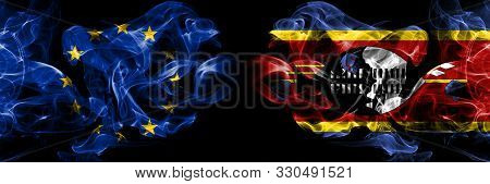 Eu, European Union Vs Swaziland, Swazi Smoke Flags Placed Side By Side. Thick Colored Silky Smokes A