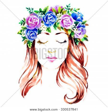 Girl In Floral Wreath, Hand Paint Watercolor Illustration, Wedding Background For Card, Bridal Showe