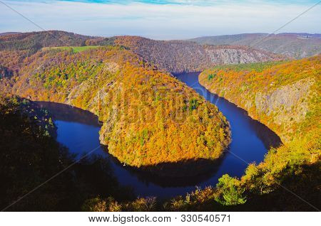 Beautiful Vyhlidka Maj, Lookout Maj, Near Teletin, Czech Republic. Meander Of The River Vltava Surro