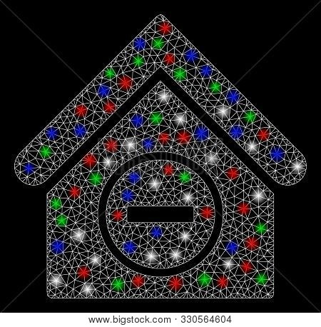 Bright Mesh Remove Building With Glare Effect. White Wire Frame Triangular Mesh In Vector Format On 