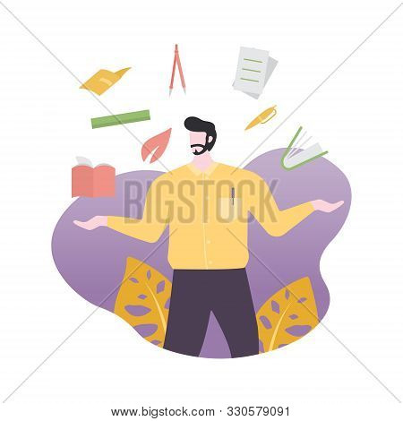 Teacher Standing With Teaching Tools Book Ruler Pen Compass Flat Illustration