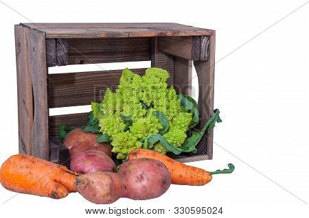 Fresh Vegetables In Wooden Box Isolated On White