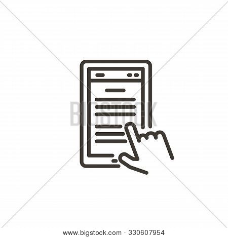 Hand Clicking In A Portable Tablet Device With Text. Modern Trendy Vector Thin Line Icon Illustratio