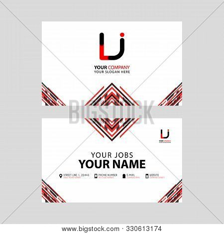 Horizontal Name Card With Lj Logo Letter And Simple Red Black And Triangular Decoration On The Edge.