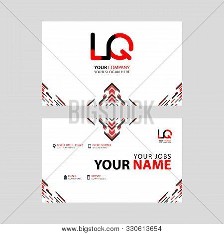 Horizontal Name Card With Lq Logo Letter And Simple Red Black And Triangular Decoration On The Edge.
