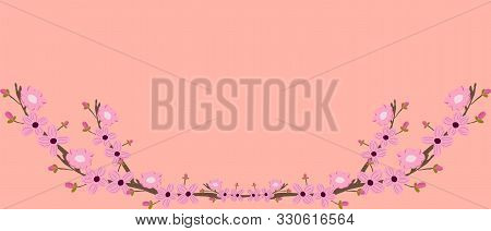 Round Frame With Pink Cherry Blossom Flowers. Floral Circle With Space For Text. Vector Illustration