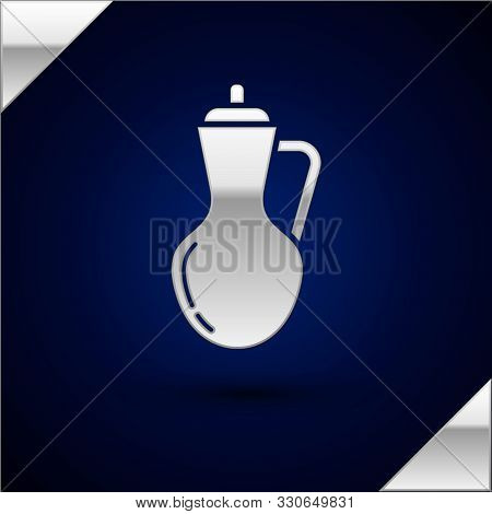 Silver Bottle Of Olive Oil Icon Isolated On Dark Blue Background. Jug With Olive Oil Icon. Vector Il