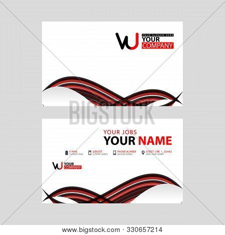 Horizontal Name Card With Vu Logo Letter And Simple Red Black And Triangular Decoration On The Edge.