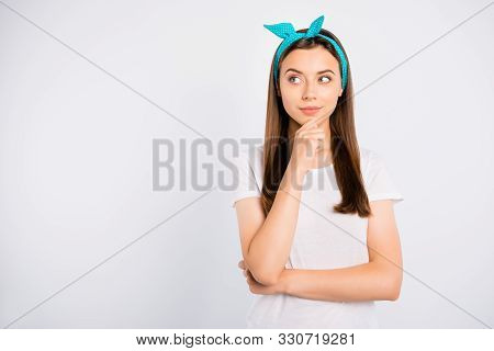 Portrait Of Focused Dreamy Girl Touch Her Chin Think Thoughts Feel Curious Try Decide Choose Solutio