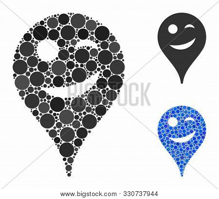 Joke Smiley Map Marker Mosaic Of Filled Circles In Variable Sizes And Color Tints, Based On Joke Smi