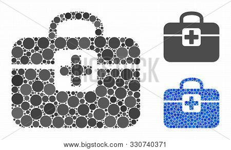 Medkit Mosaic Of Filled Circles In Variable Sizes And Color Tints, Based On Medkit Icon. Vector Fill