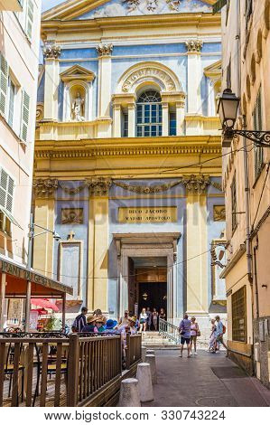 Nice France. June 12 2019. A View Of Church Of The Ges In The Old Town In Nice France