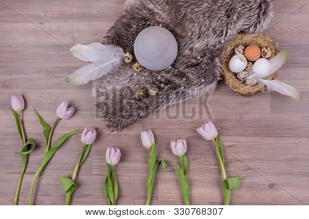 Easter Holiday Decoration Design With Eggs Feathers Fur Tulips. Beautiful Decoration Easternest With