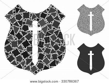 Guard Shield Composition Of Ragged Items In Variable Sizes And Color Tints, Based On Guard Shield Ic