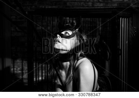 Bdsm A Woman In A Leather Cat Mask On A Leash In An Iron Cage Obeys Her Lover. Role-playing Games Fo