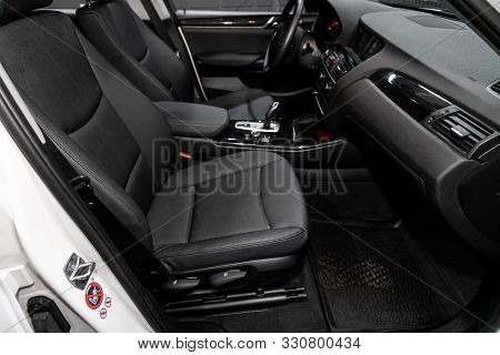 Novosibirsk, Russia - September 29, 2019:  Bmw X3, Close-up Of The Dashboard, Player, Steering Wheel