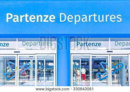 Trieste, Italy - 09-15-2019: Entrance Of The Trieste Airport With The Departure, Security Control, S