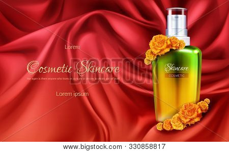 Womens Cosmetics 3d Realistic Advertising Banner Or Cosmetic Promo Poster. Elegant Golden Bottle Wit