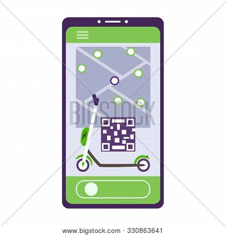 Mobile Application For Renting An Electric Scooter. On The Phone Screen Is A Kick Scooter With Map A