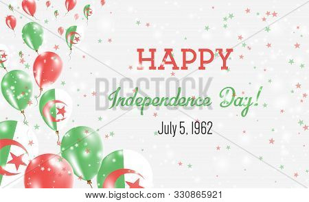 Algeria Independence Day Greeting Card. Flying Balloons In Algeria National Colors. Happy Independen