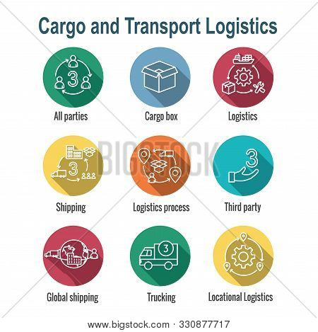 Logistics Icon Set W Buildings, Trucking, People And Shipping Box