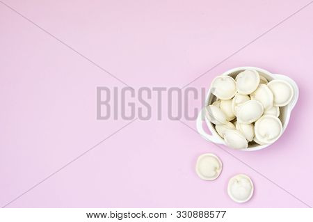 Bowl With Tasty Homemade Frozen Pelmeni Russian Dish Frozen Russian Ravioli Or Pelmeni Copy Space Ho