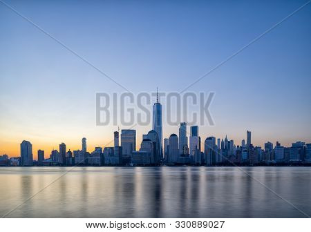 Manhattan Skyline At Dawn, View From New Jersey