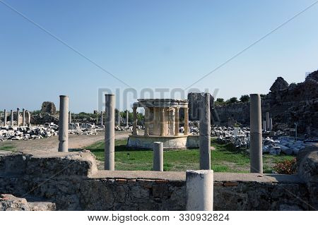 Side / Turkey - October 16 2019: Sights Of Turkey And Memorable Places. The Ruins Of The Ancient Cit