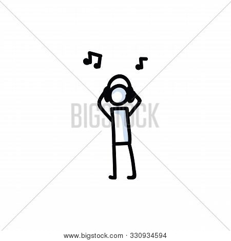Music Headphone Stick Figure Vector Illustration. Hand Drawn Simple Listening To Audio Stick Man. Pi
