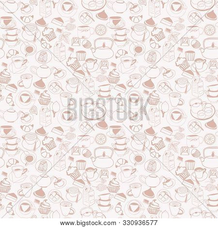 Vector Hand Drawn Seamless Pattern With Tea Time Theme Symbols Collection. Background With Tea Party