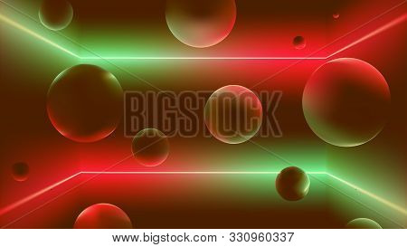 Space With Neon Rays And Soaring Balls, Flying Figures In The Room With A Gradient Reflex, Vector Il