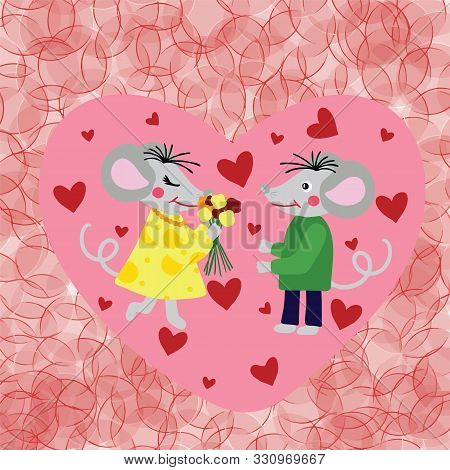 Two Rats Or Mouses In Love, Mouse Man Give Flowers Mouse Lady, Hearts On Background. Cartoon Style D