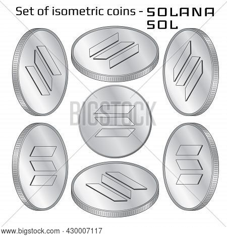 Set Of Coins Solana Sol In Isometric View In Black And White Isolated On White. Vector Illustration.