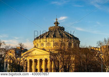 Detail View Over The Romanian Athenaeum Or Ateneul Roman, In The Center Of Bucharest Capital Of Roma